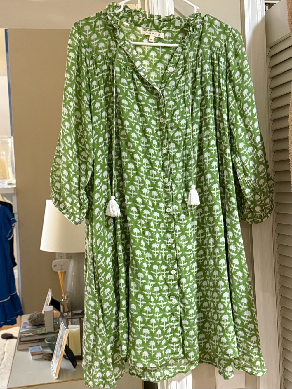 Mares by Liz Joy Medium Green and White Printed Button-Front Mini Dress
